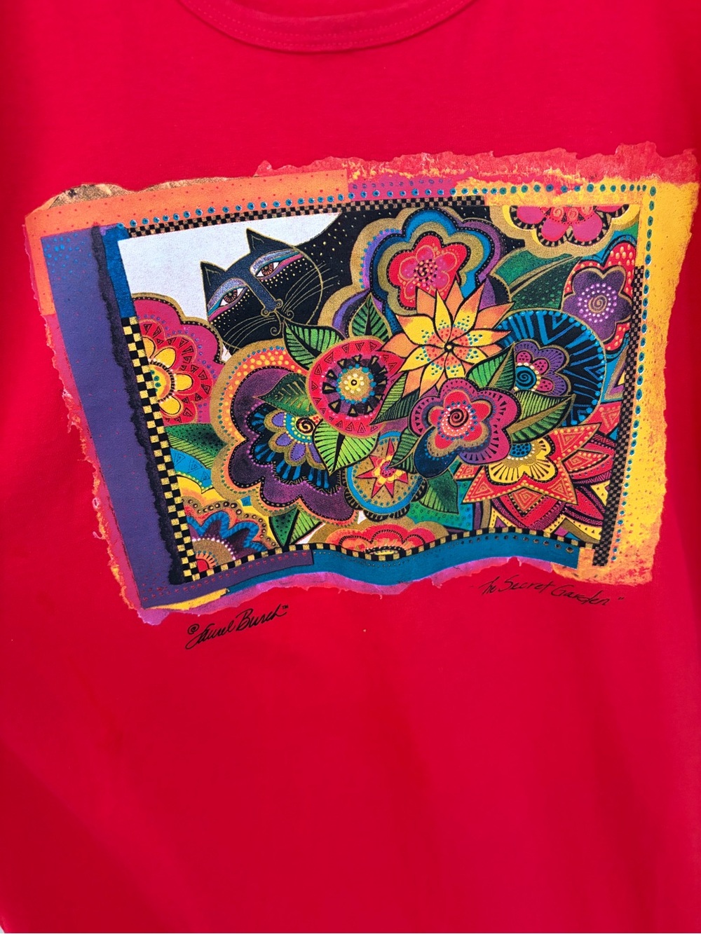 Vintage Laurel Burch Red Cat Floral Cover Up Dress OSFM Art Tee Beach Baddie - Picture 8 of 8